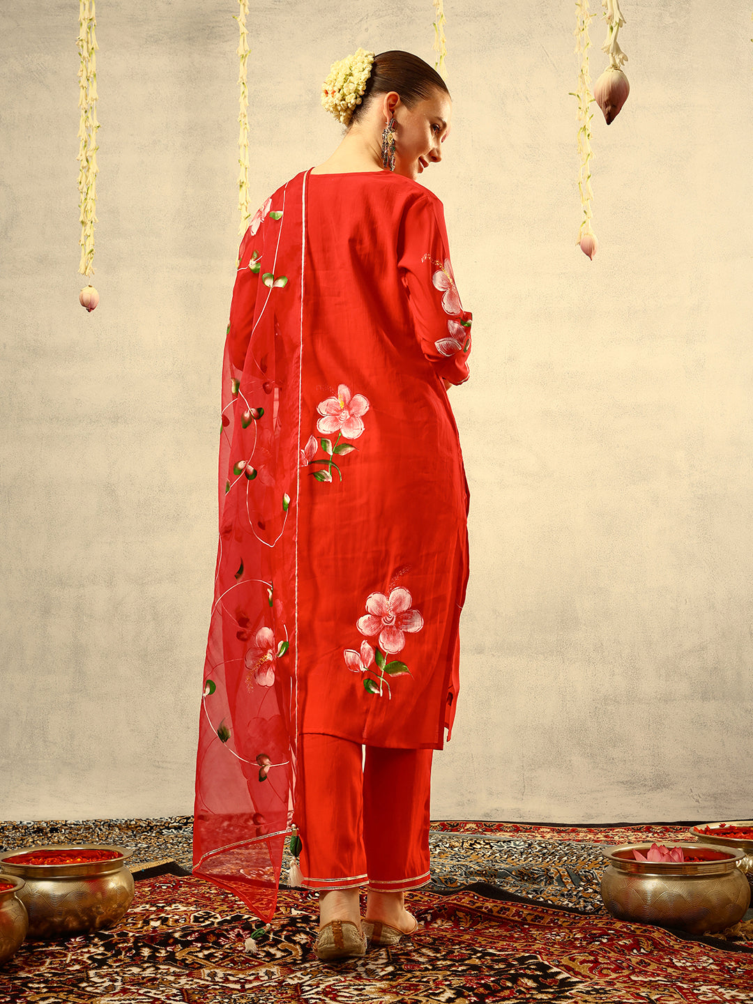 Red Floral Hand Painted Kurta with Trouser and Dupatta
