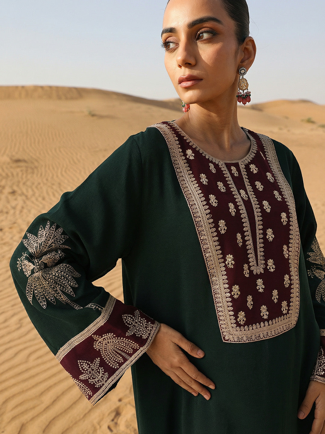 Rich Embroidered Woven Green Abaya