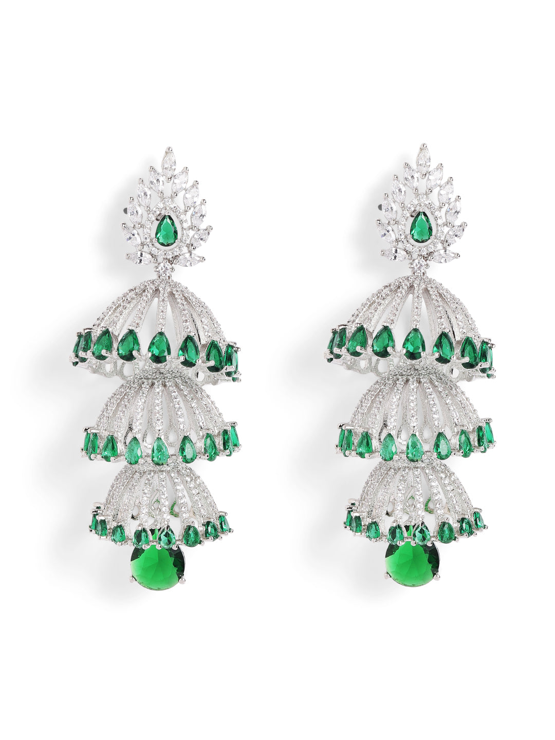 Green Colour Silver Plated AD Jhumka Earring