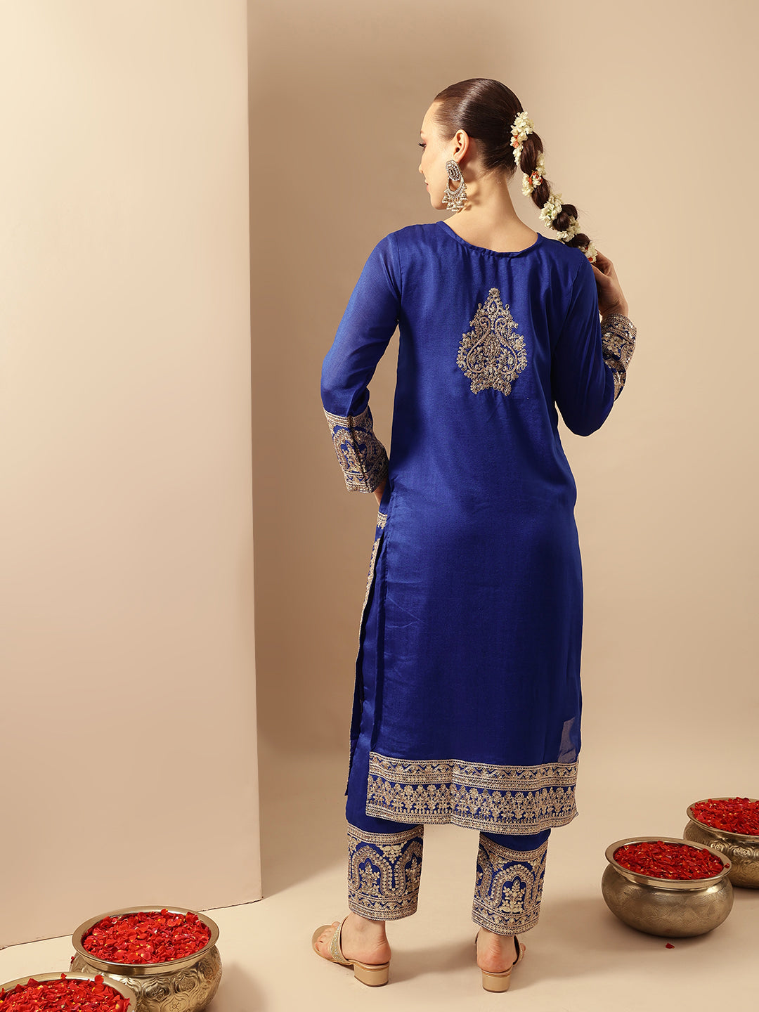 Rich Royal Blue Embroidered Kurta set with organza dupatta