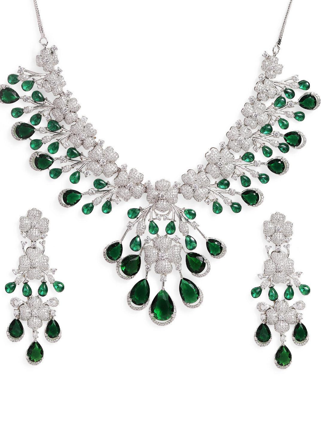 Ishin Green  Colour Silver Plated American Diamond Jewellery Set
