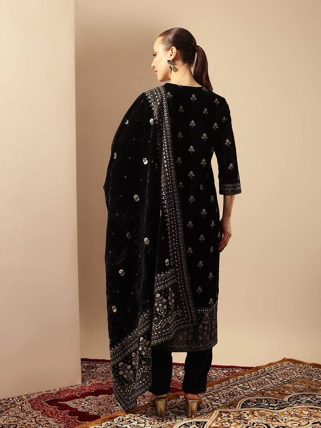 Rich Black Velvet Gold Print Straight Kurta sets with dupatta