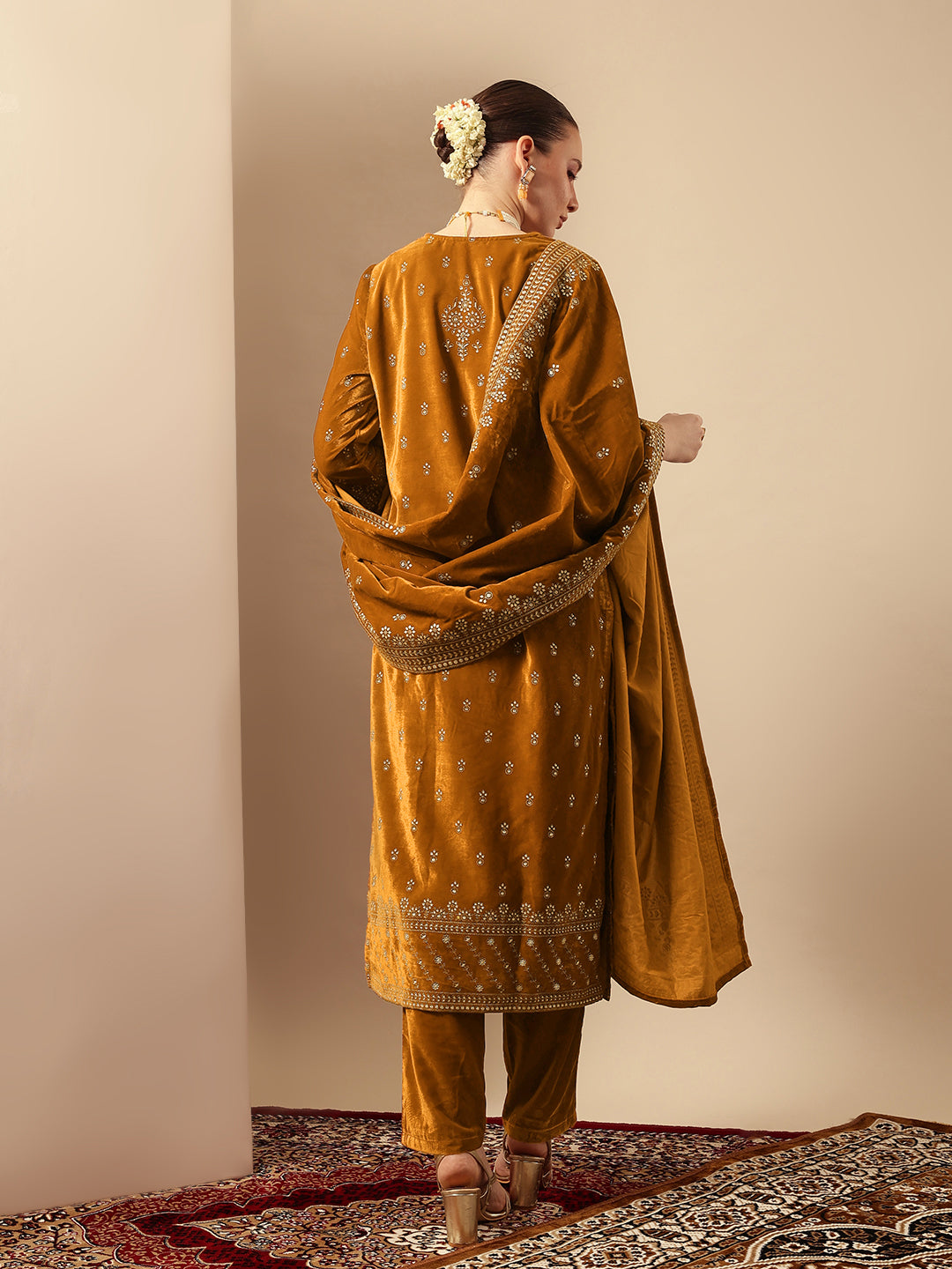Rich Gold Velvet Gold Print Straight Kurta sets with dupatta