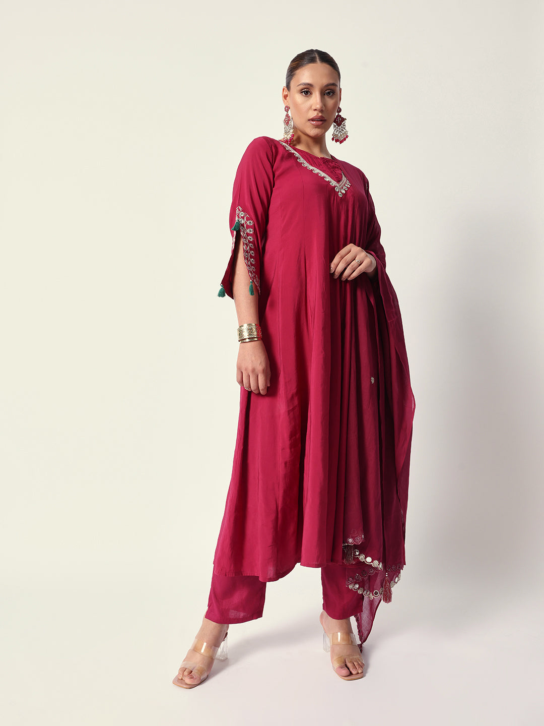 Graceful Pink poly silk zari embroidery anarkali fit kurta set with dupatta