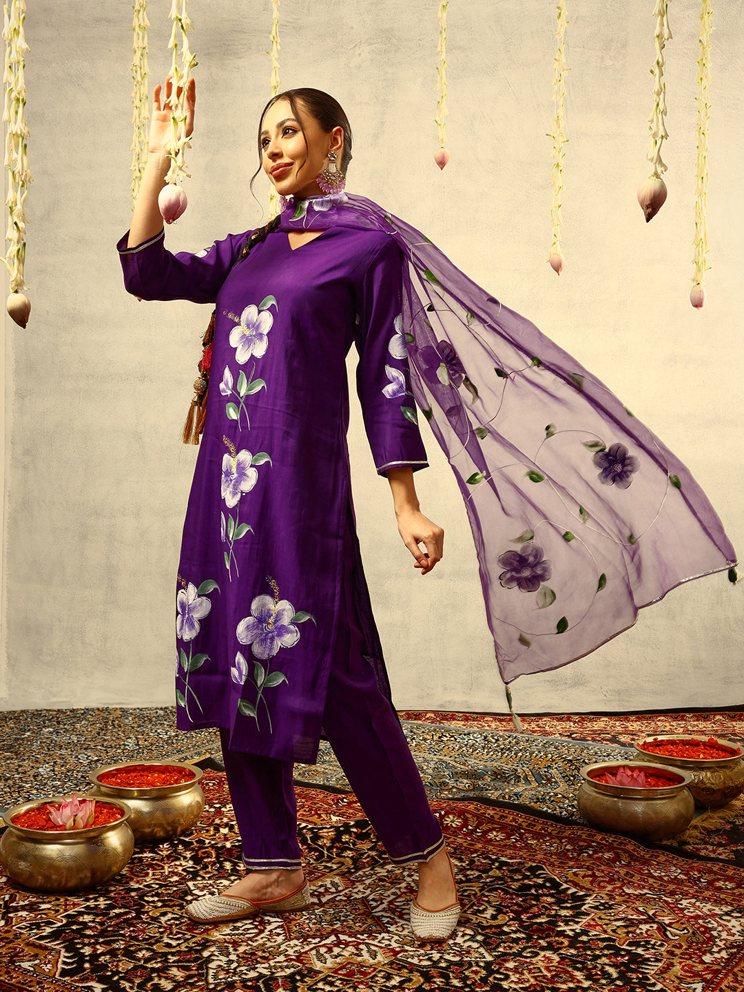 Purple Floral Hand Painted Kurta with Trouser and Dupatta