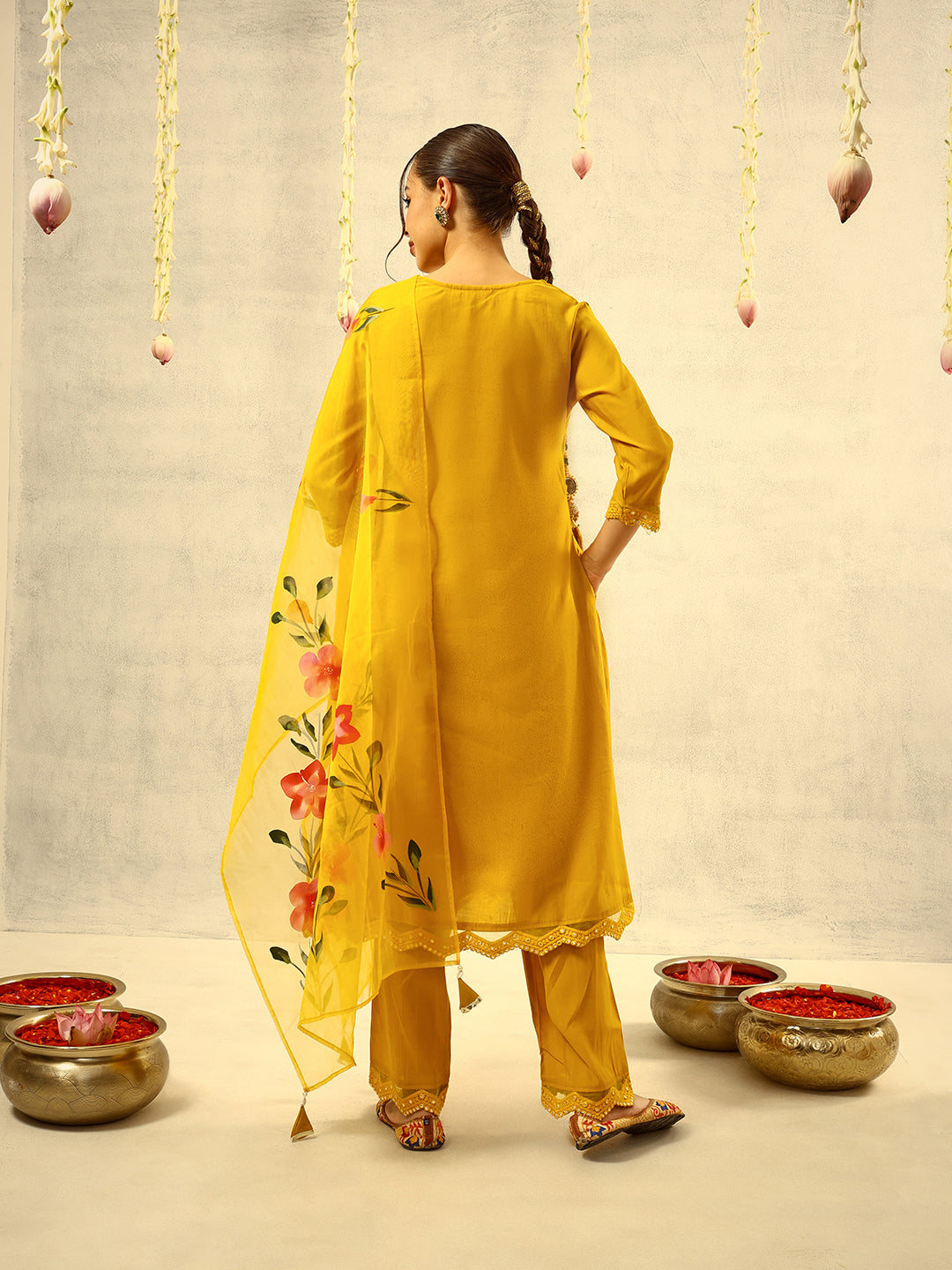 Mustard Mirror & Thread Embroidered  Festive Kurta with Trouser & Hand Painted Dupatta