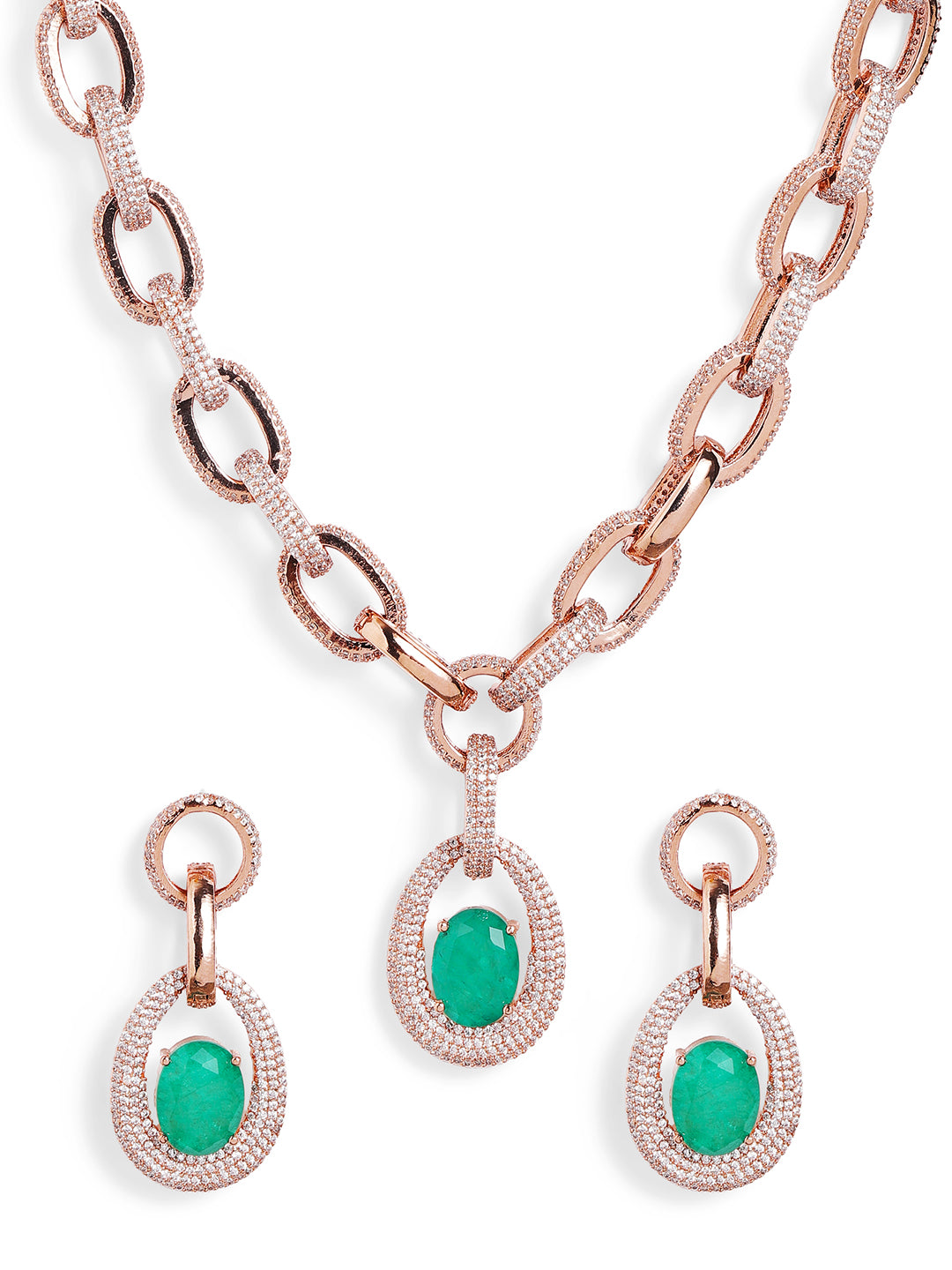 Green Colour Rose Gold Plated AD Jewellery Set