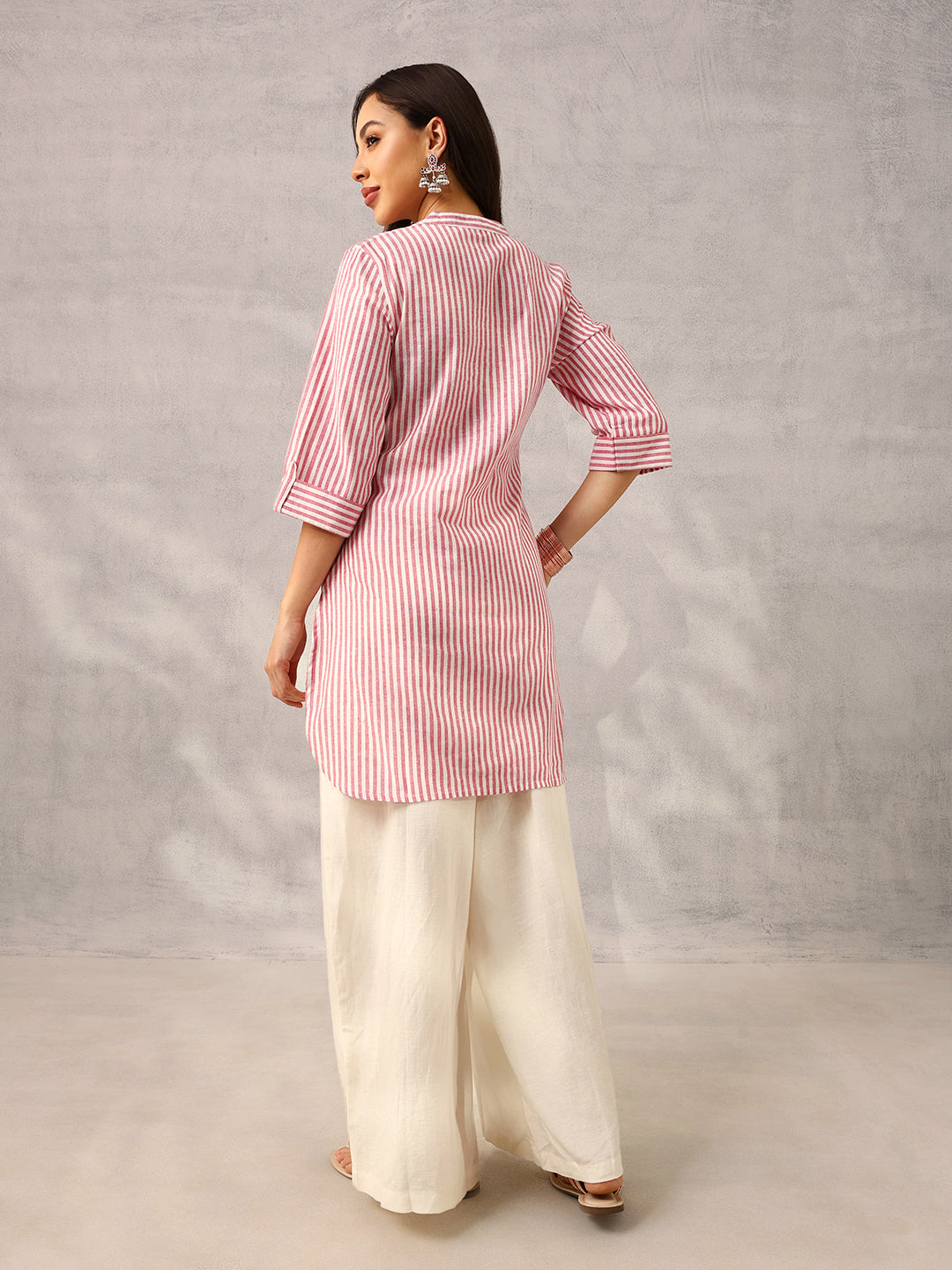 Pink and White Yarn Dyed Stripe Tailored Workwear Kurta