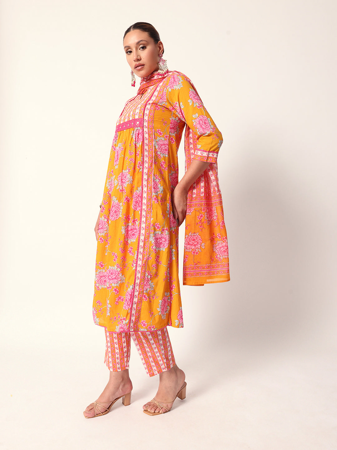 Comfy Mustard cotton floral printed anarkali fit kurta set with dupatta