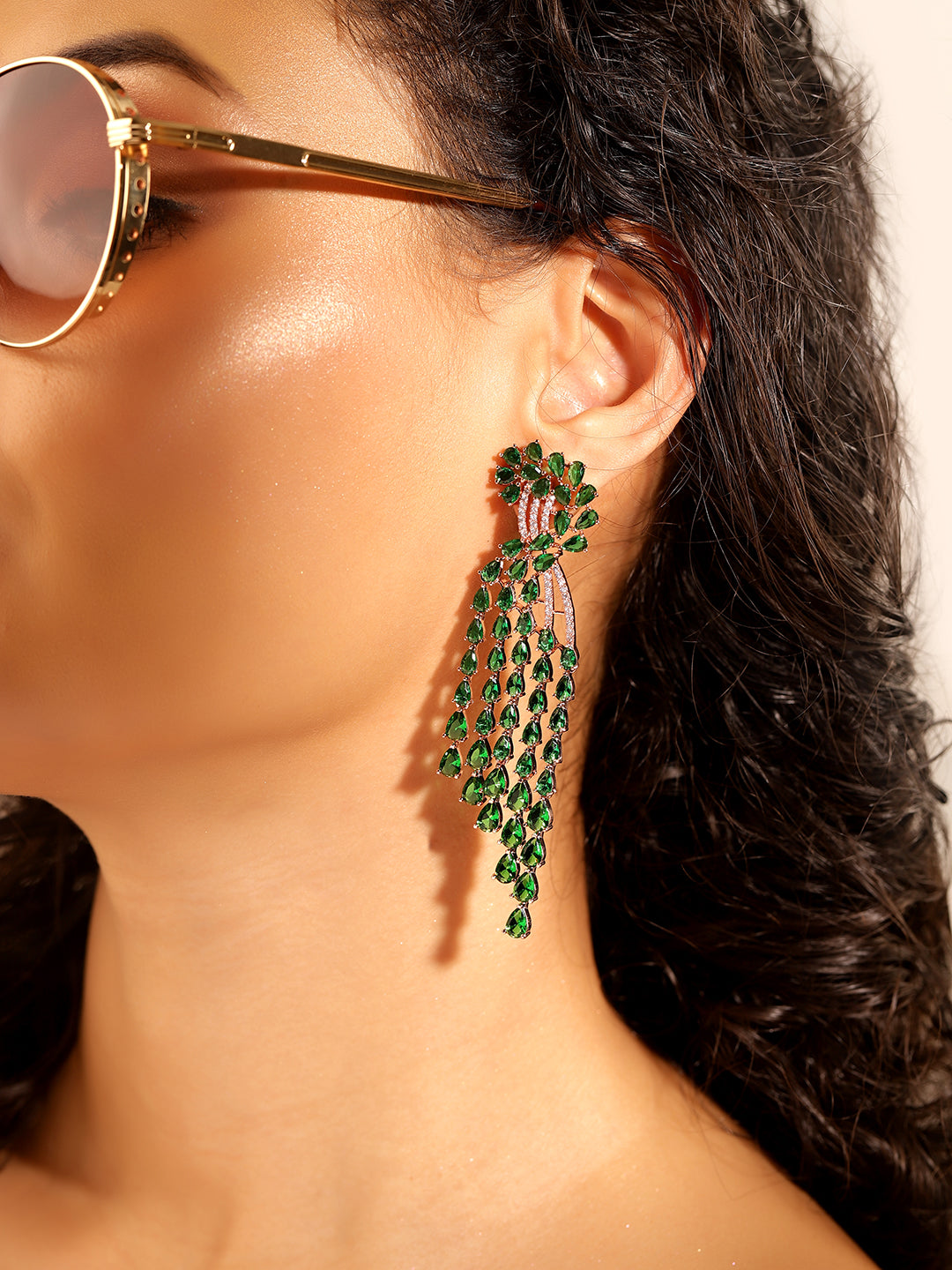 Green Colour Gold Plated AD Drop Earring