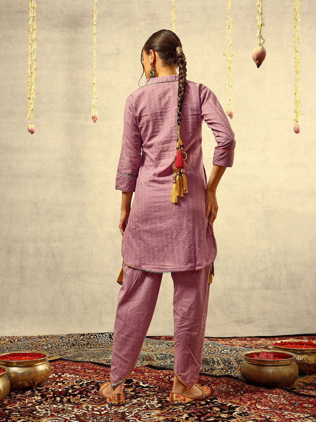Purple Bohemian Thread Embroidered Kurta with Dhoti Pants