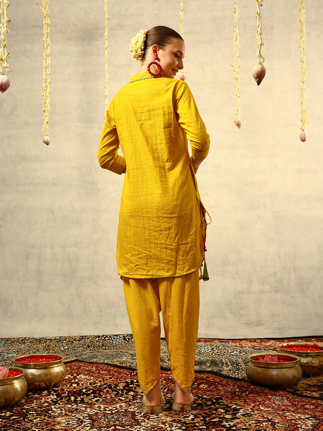 Yellow Bohemian Thread Embroidered Kurta with Dhoti Pants