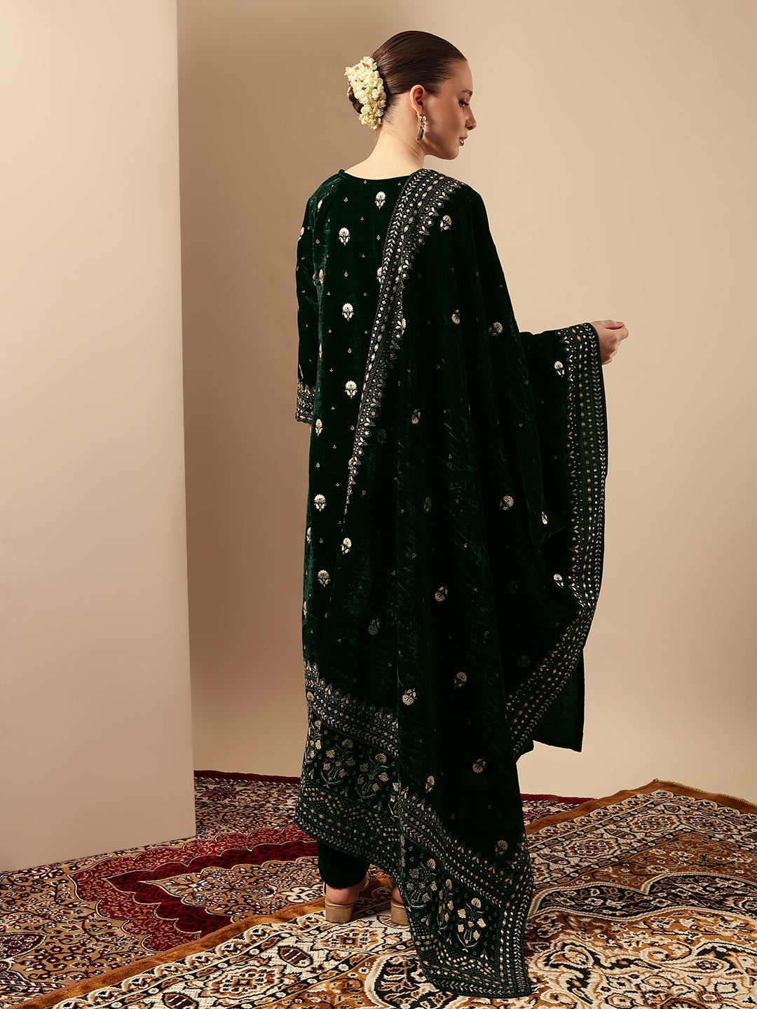 Rich Dark Green Velvet Gold Print Straight Kurta sets with dupatta