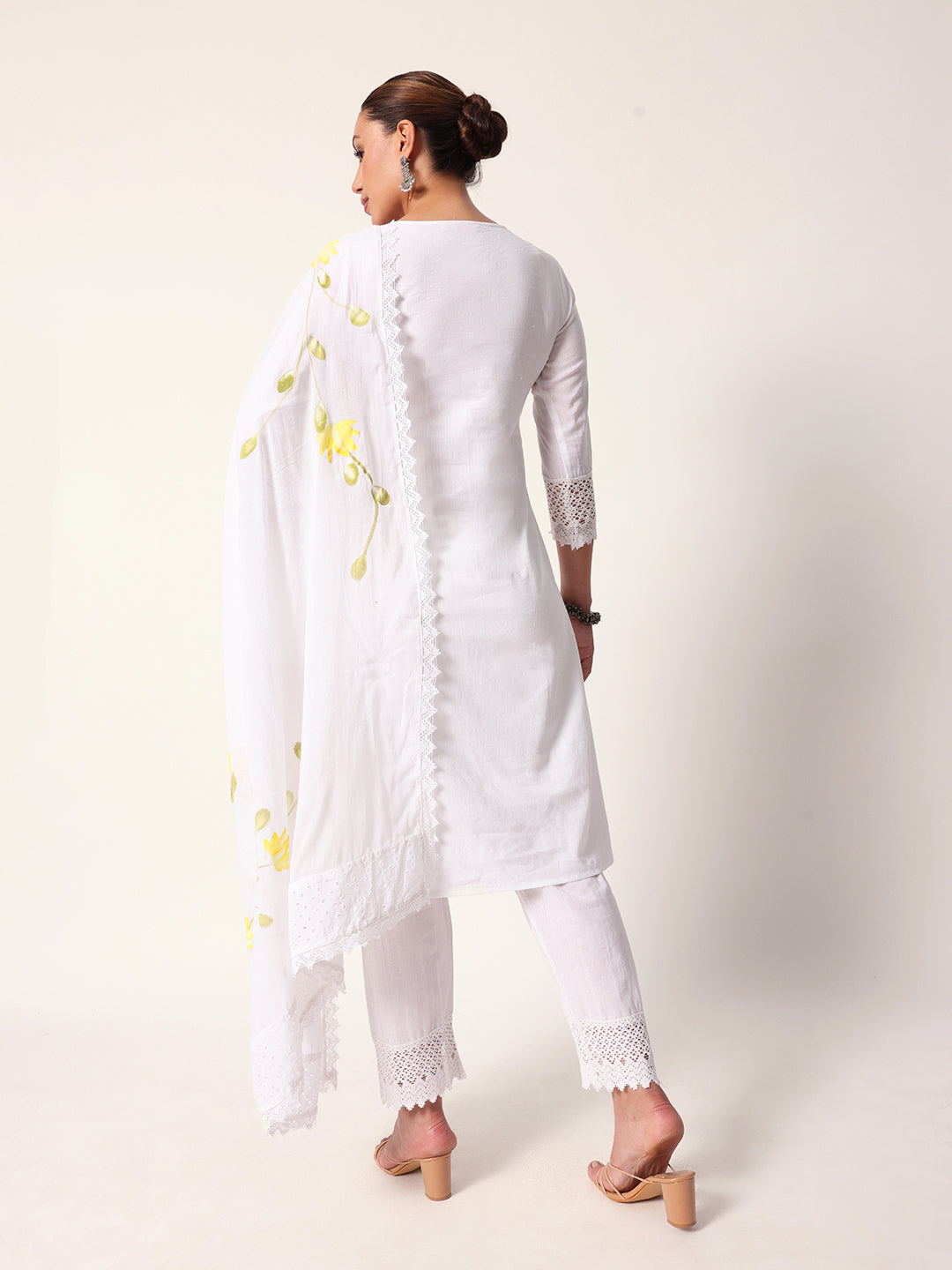 Graceful White cotton shiffly hand painted straight fit kurta set with dupatta