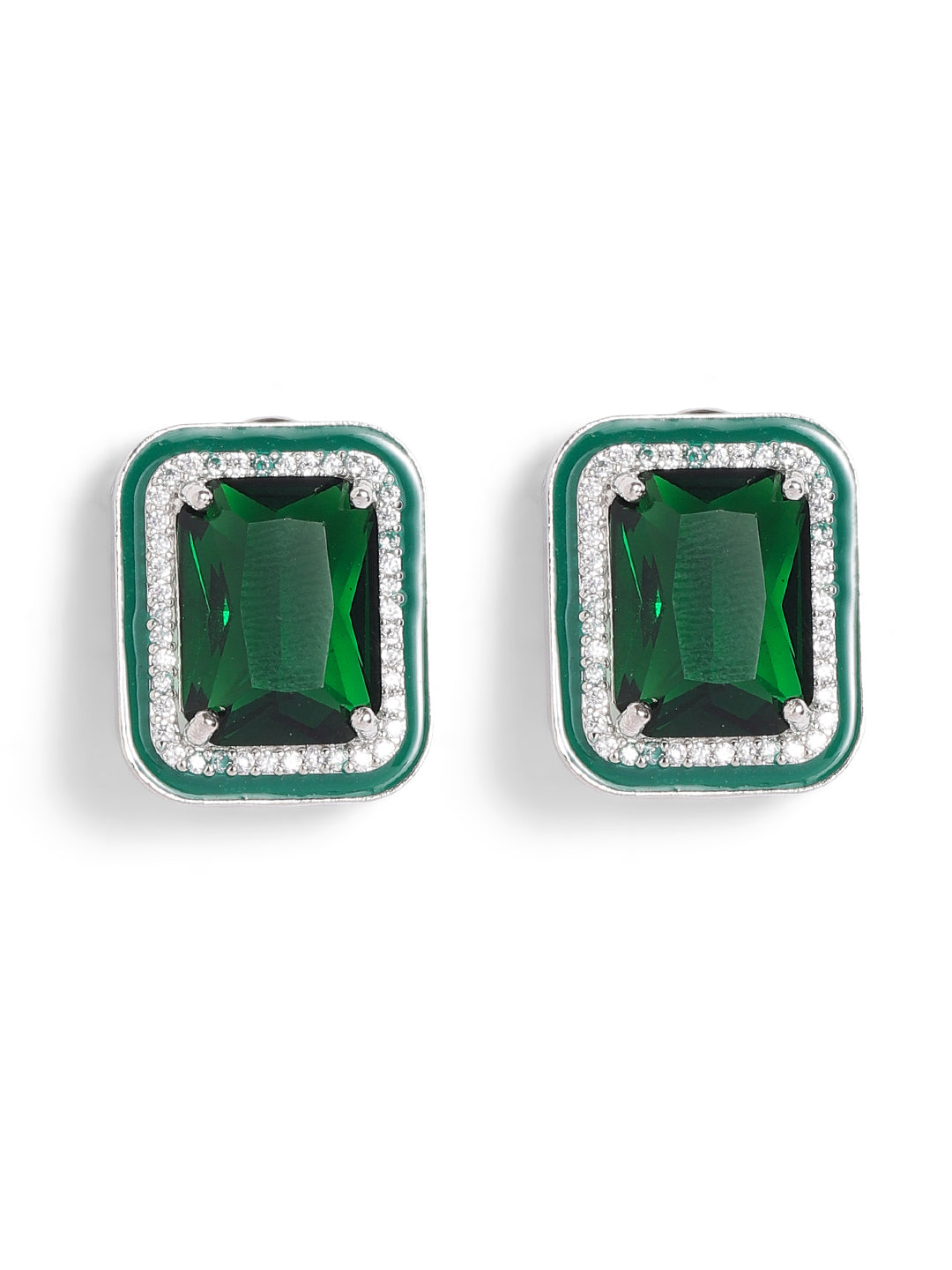 Green Colour Silver Plated AD Studs Earring