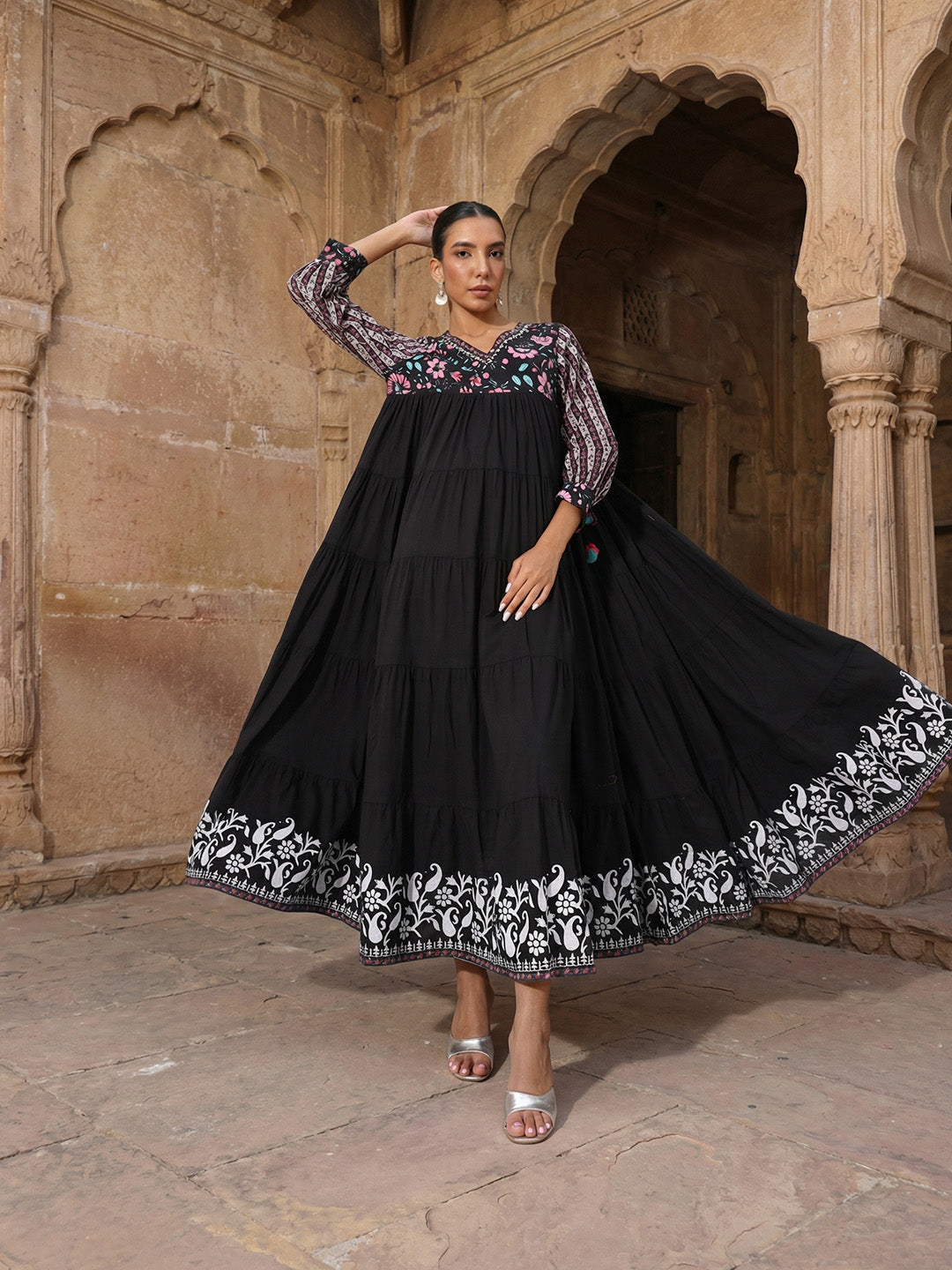 Graceful Black Cotton Floral Printed Tiered fit Gown