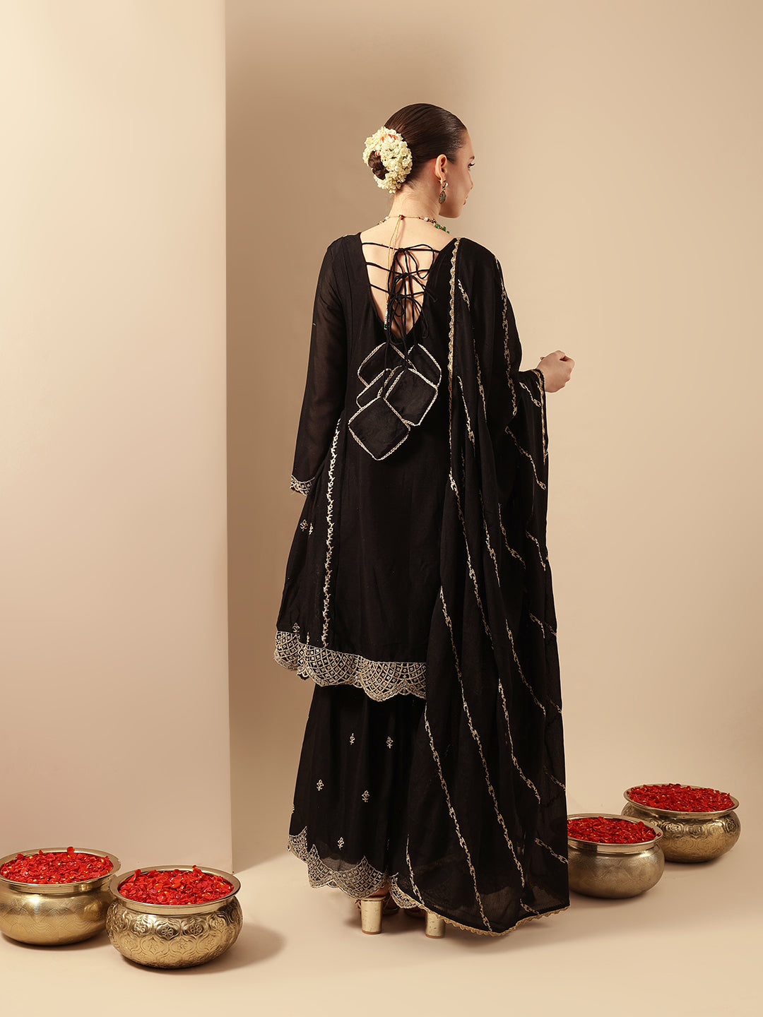 Rich Black Embroidered Kurta and sharara set with chinon dupatta