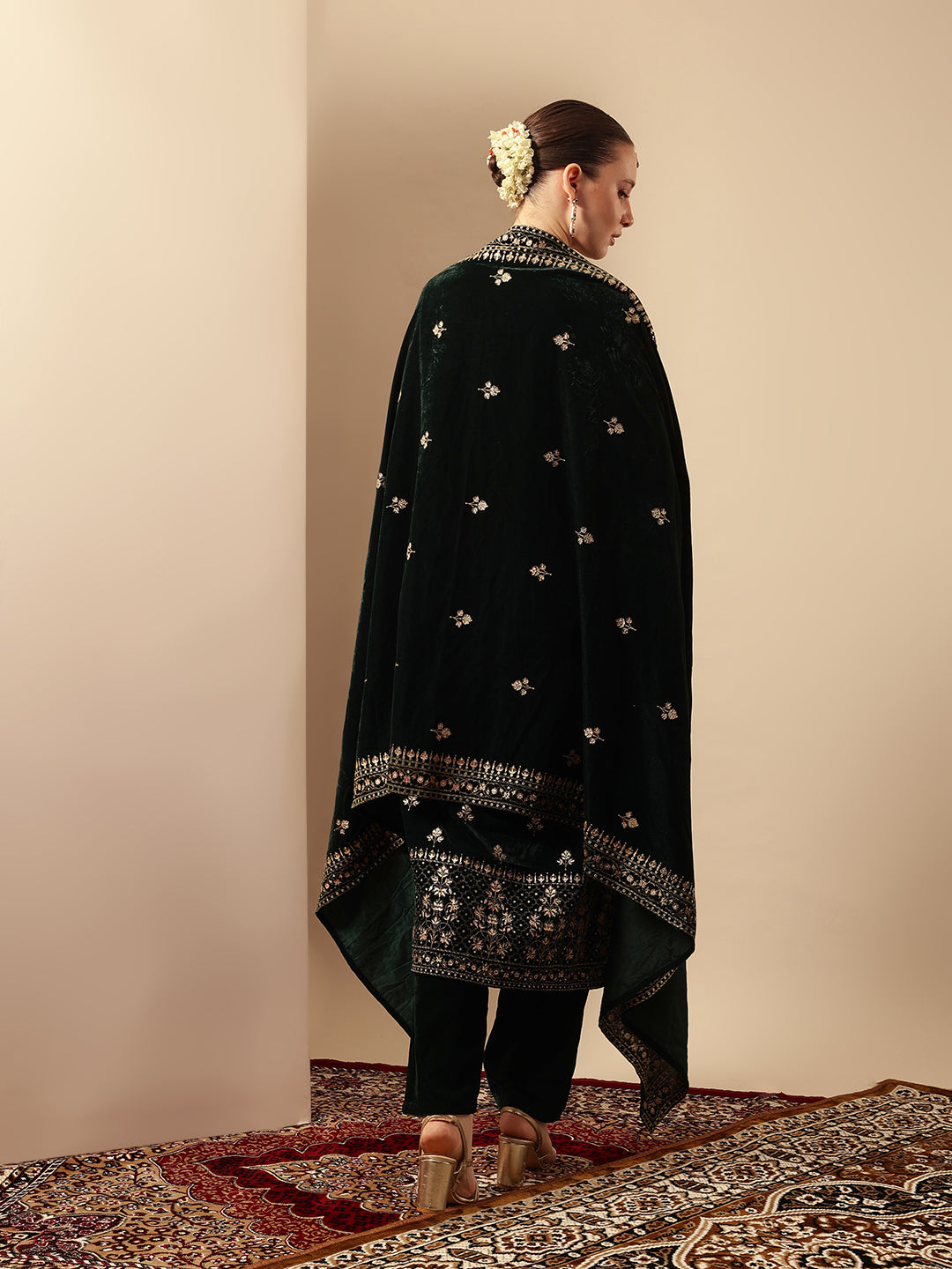 Rich Green Velvet Gold Print Straight Kurta sets with dupatta