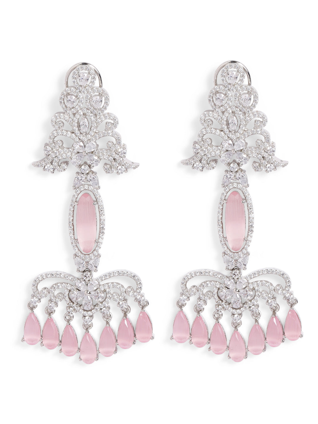 Pink Colour Silver Plated AD Drop Earring