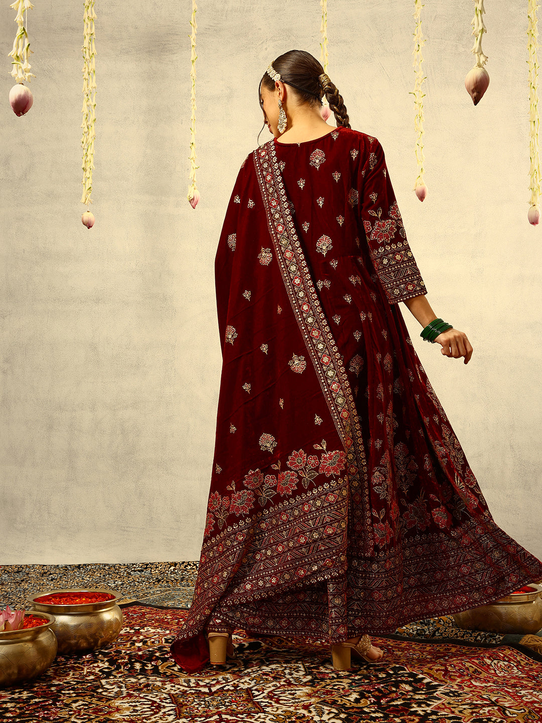 Ishin Maroon Gold Printed Anarkali Festive Kurta with Trouser & Velvet Dupatta