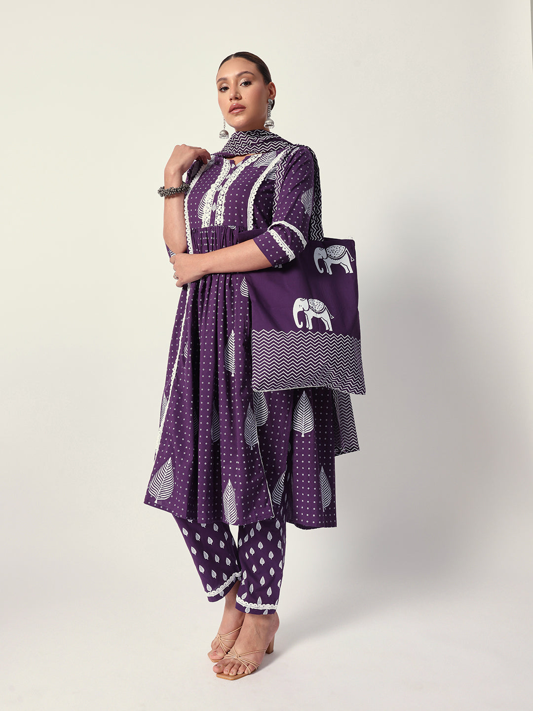 Comfy Purple cotton motif printed Aline fit kurta set with dupatta and tote bag
