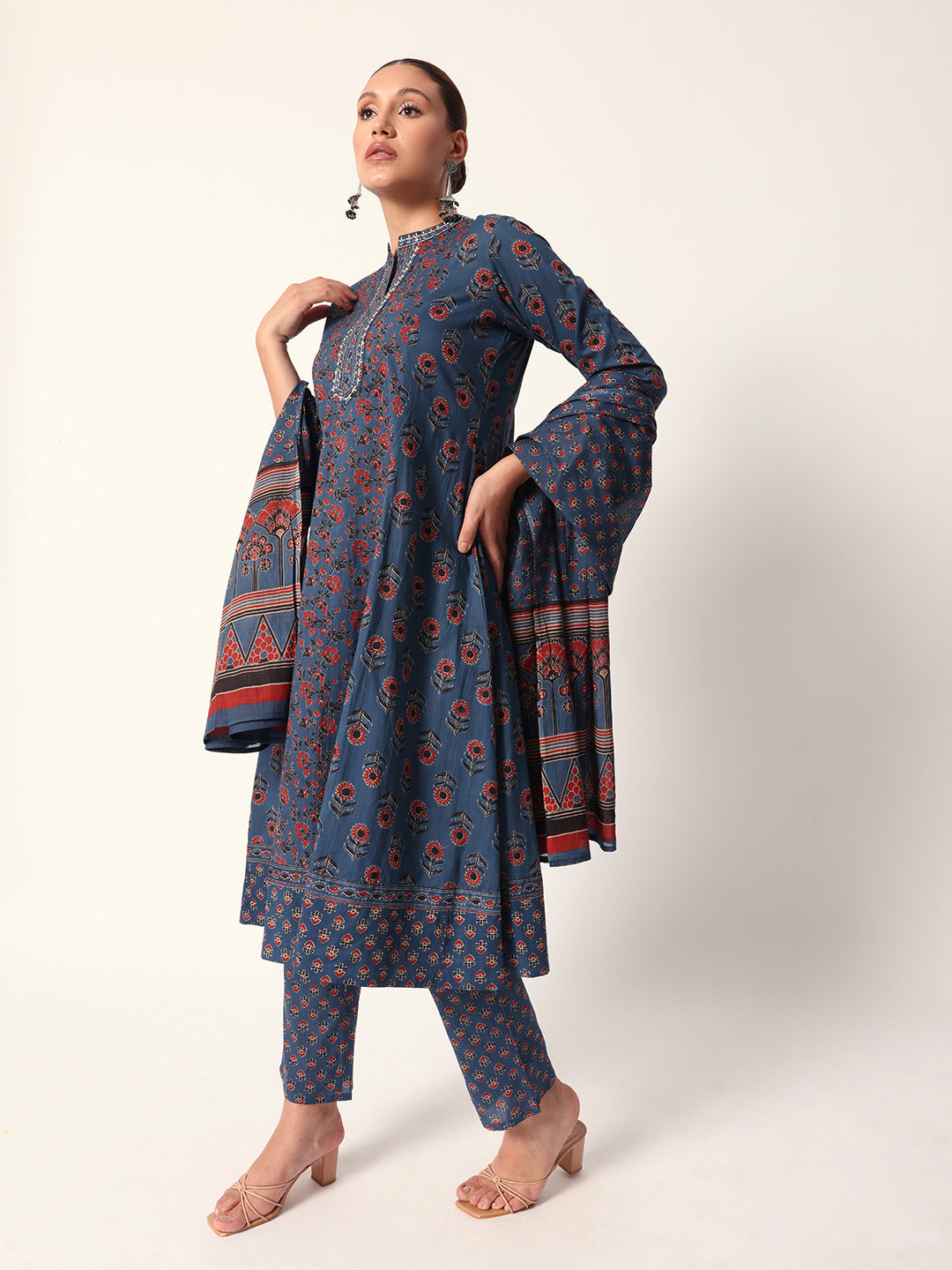 Comfy Blue Cotton floral printed Aline Fit kurta set with dupatta