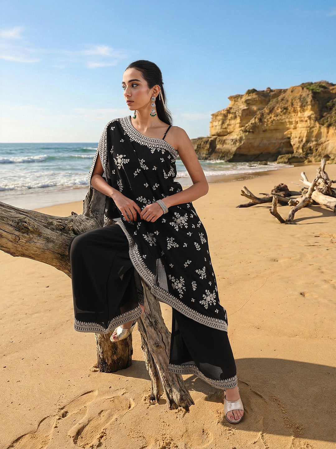 Rich Chinon Embroidered Black Embroidered A Line Co-Ords ShararaBottom