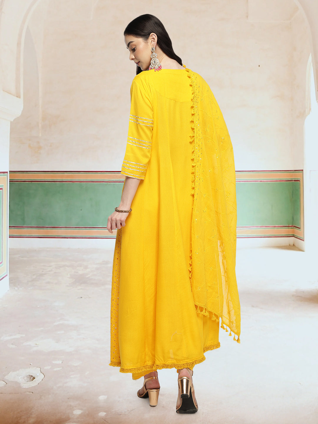 Graceful Yellow Rayon Schiffli Embroidered A-line Kurta Set with dupatta