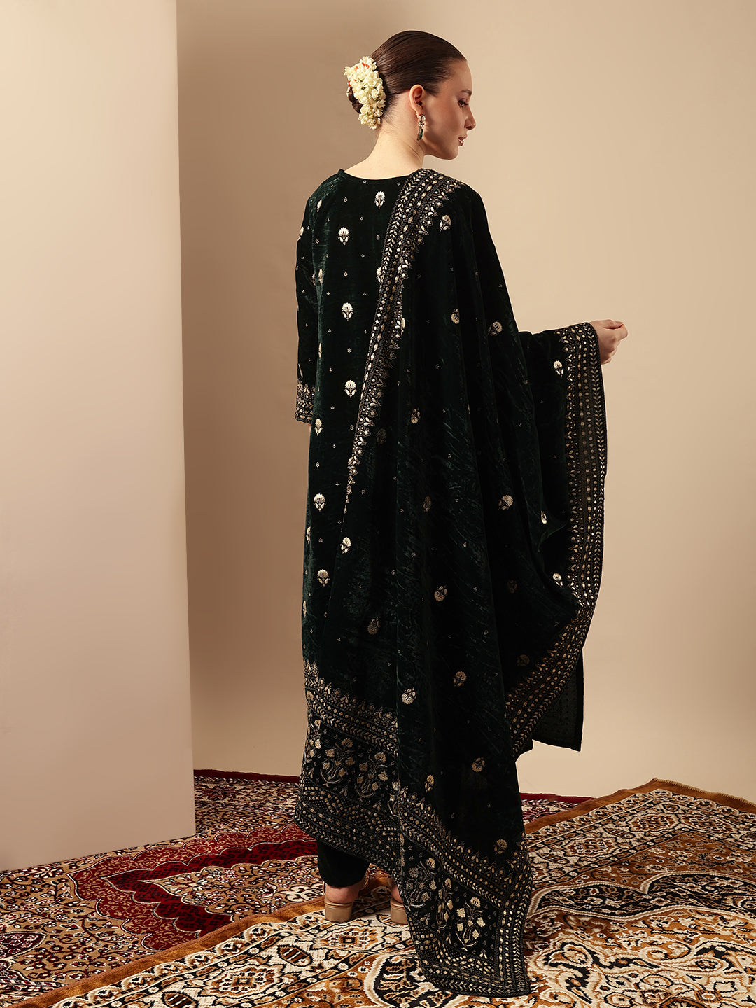 Rich Dark Green Velvet Gold Print Straight Kurta sets with dupatta