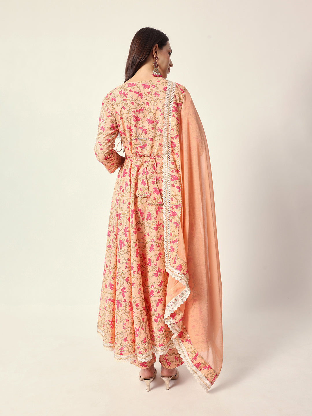 Graceful Peach cotton floral printed angrakha fit kurta set with dupatta
