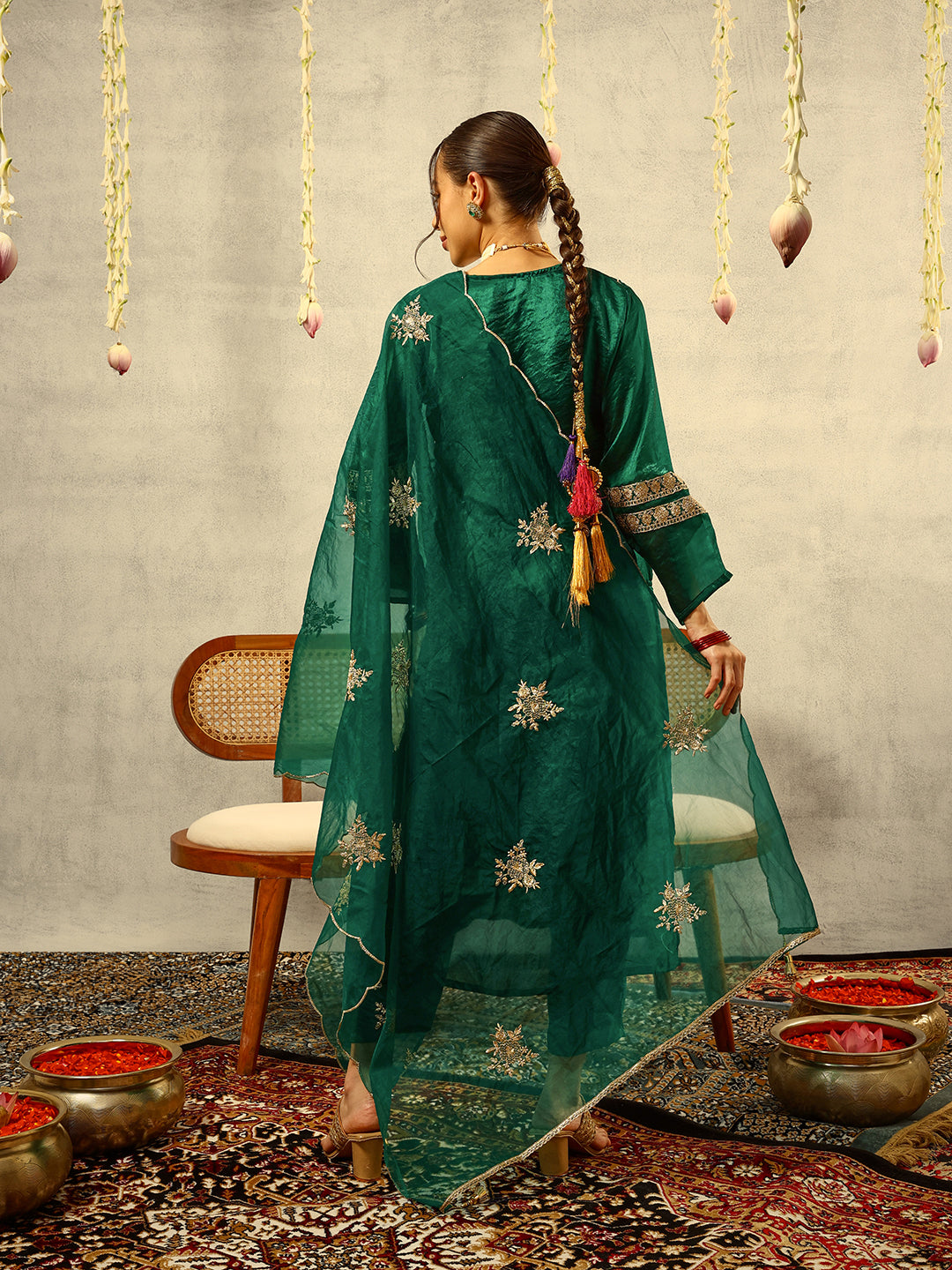 Green Cording & Zari Embroidered  Festive Kurta with Trouser & Embellished Organza Dupatta