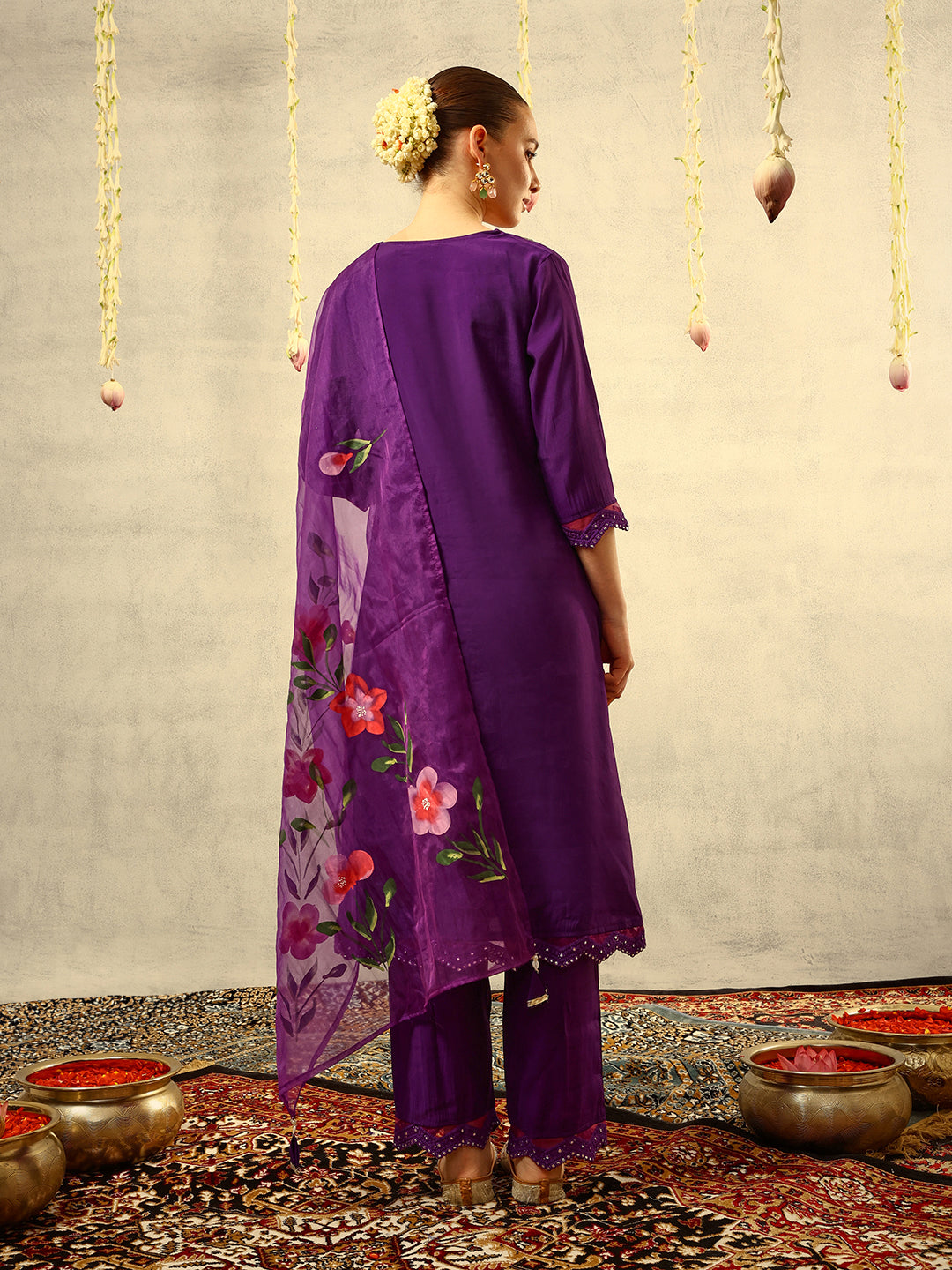 Ishin Purple Mirror & Thread Embroidered  Festive Kurta with Trouser & Hand Painted Dupatta