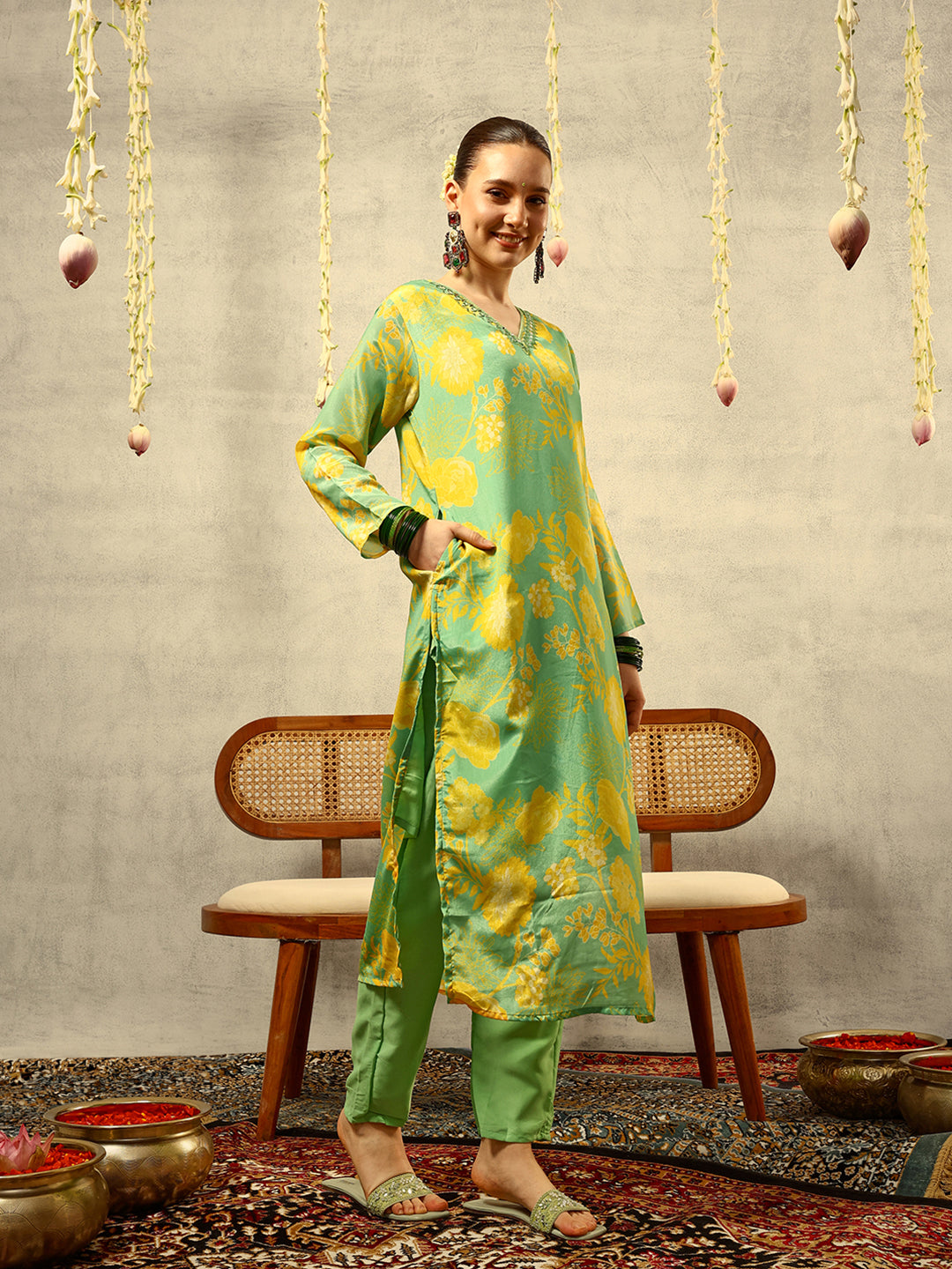 Green Digital Floral Printed & Mirror Embroidered Straight Kurta with Trouser & Dupatta