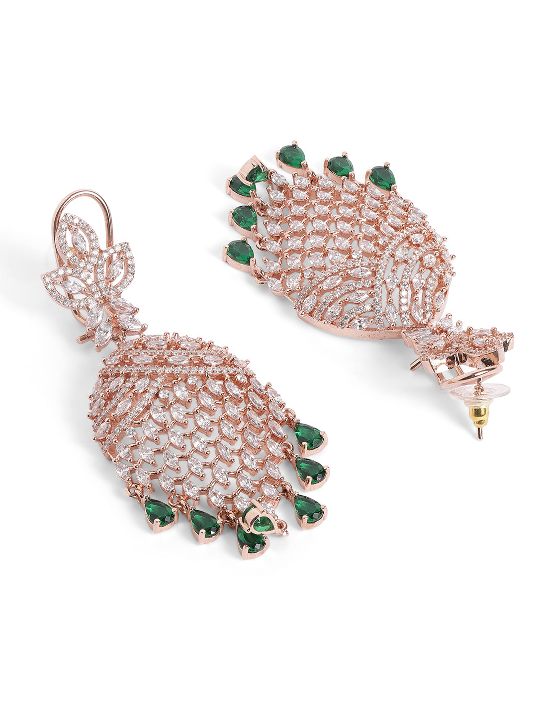 Green Colour Rose Gold Plated AD Drop Earring