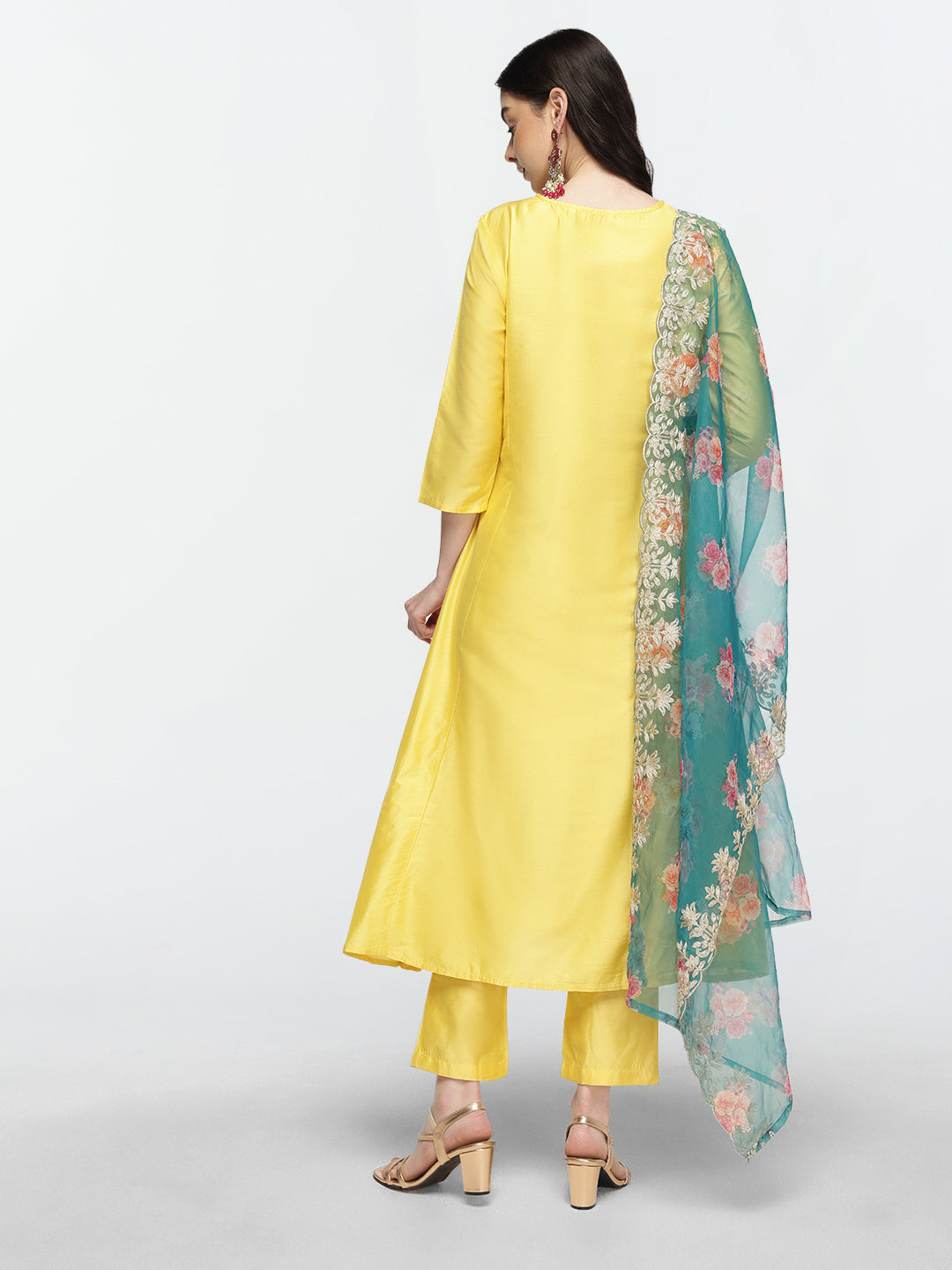 Graceful Yellow  Poly Silk Zari Embroidered A-line Kurta Set with statement dupatta