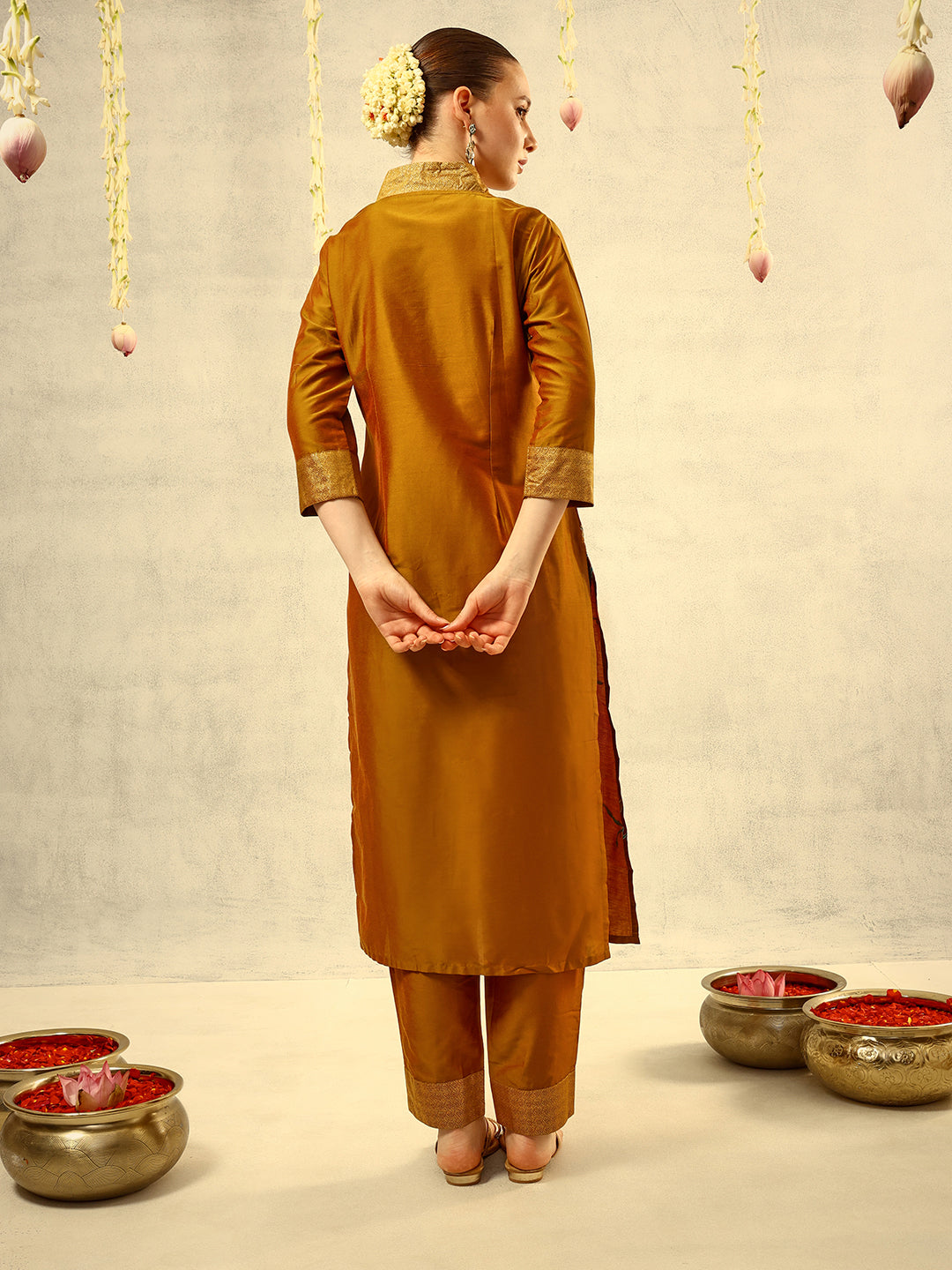 Ishin Olive Gold Foil Print Kurta with Shawl Collar & Trouser