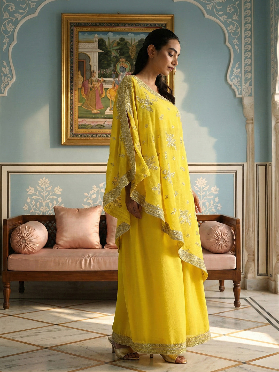 Rich Chinon Embroidered Yellow Embroidered A Line Co-Ords ShararaBottom