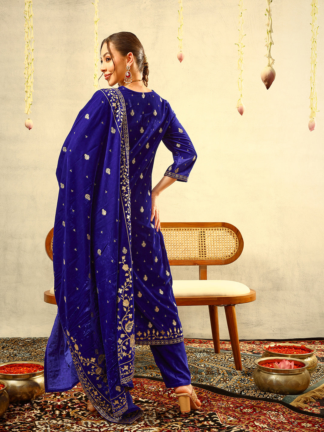 Royal Blue Gold Print Festive Kurta with Trouser & Velvet Dupatta