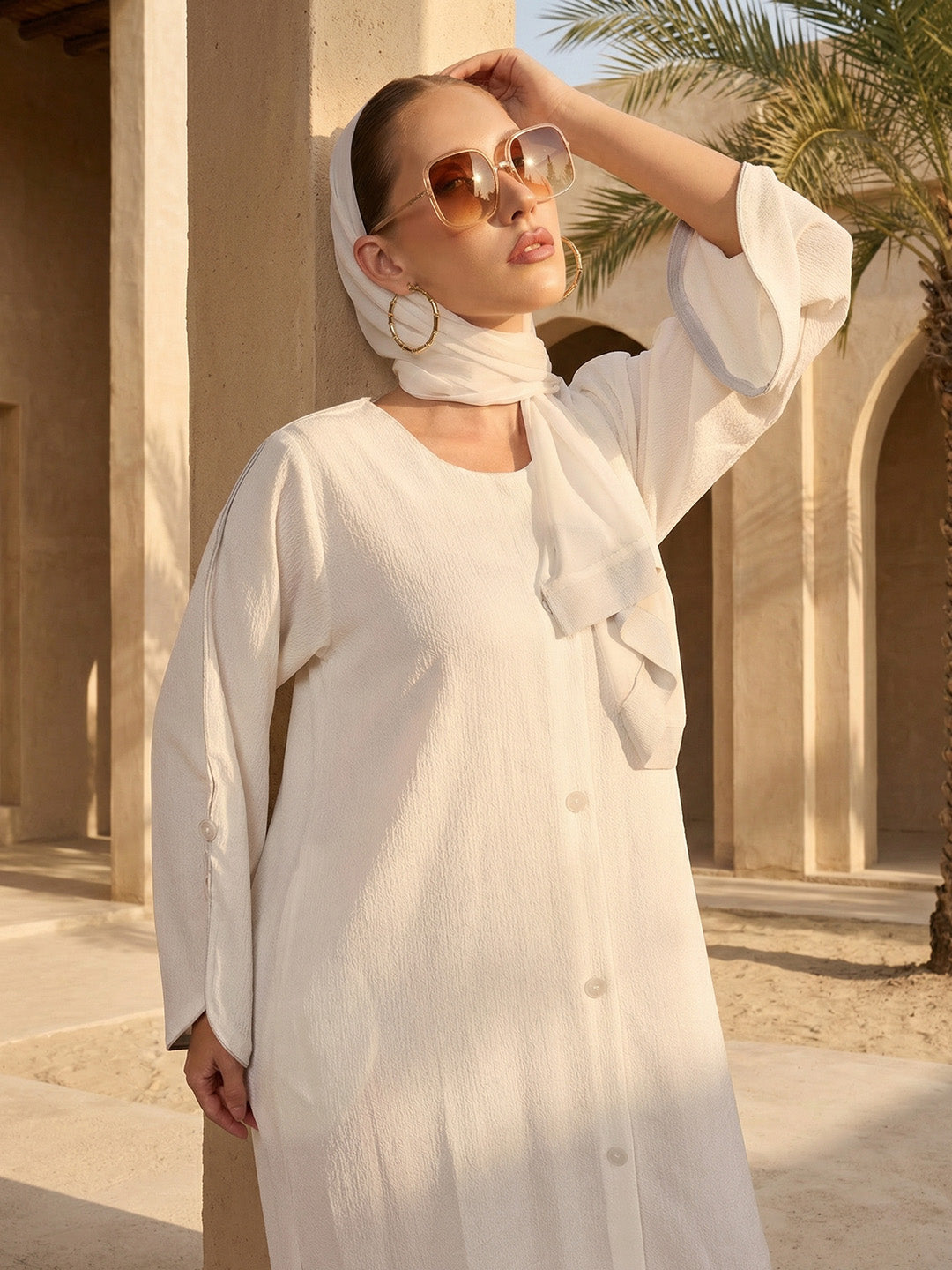 Rich White Relaxed Abaya With Hijab