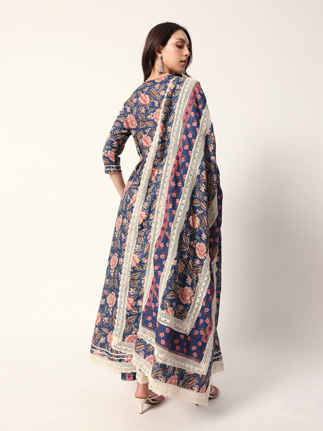Graceful Blue cotton floral printed angrakha fit kurta set with dupatta
