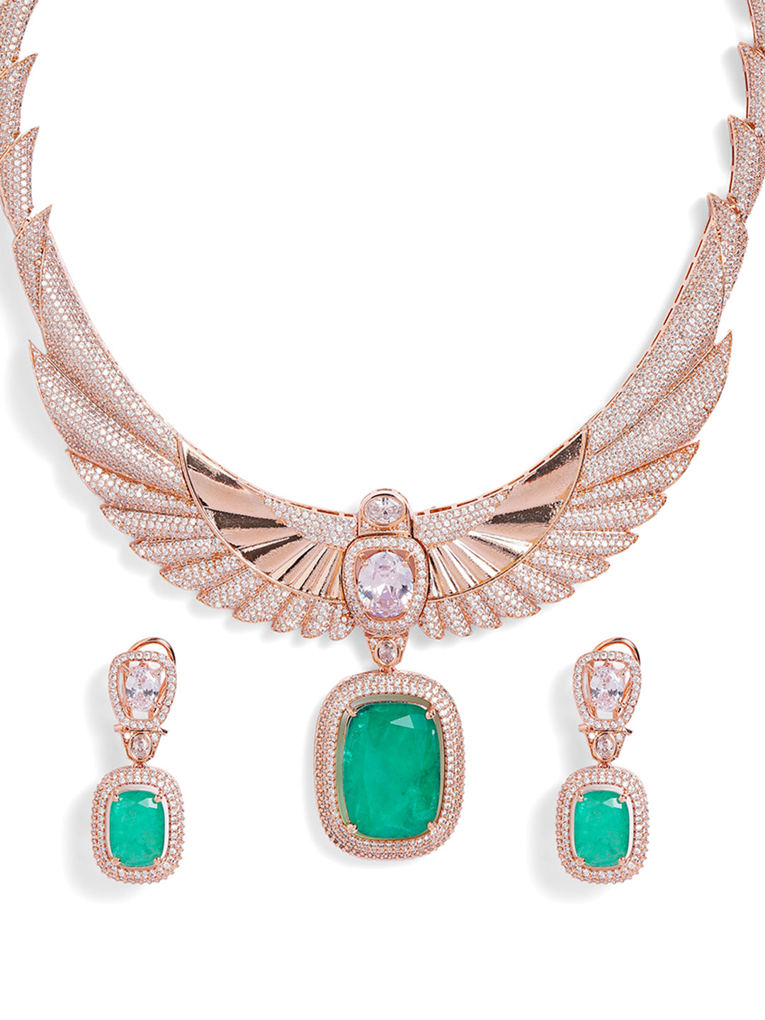 Green Colour Rose Gold Plated AD Jewellery Set