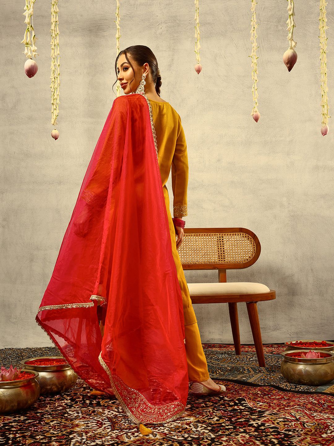 Mustard Cording & Zari Embroidered Festive Kurta with Trouser & full width Organza Dupatta
