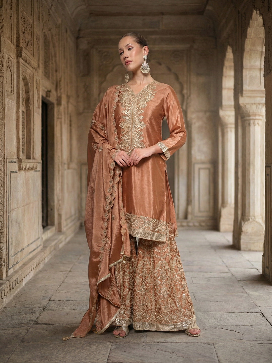 Rich Rust Embroidered Kurta and sharara set