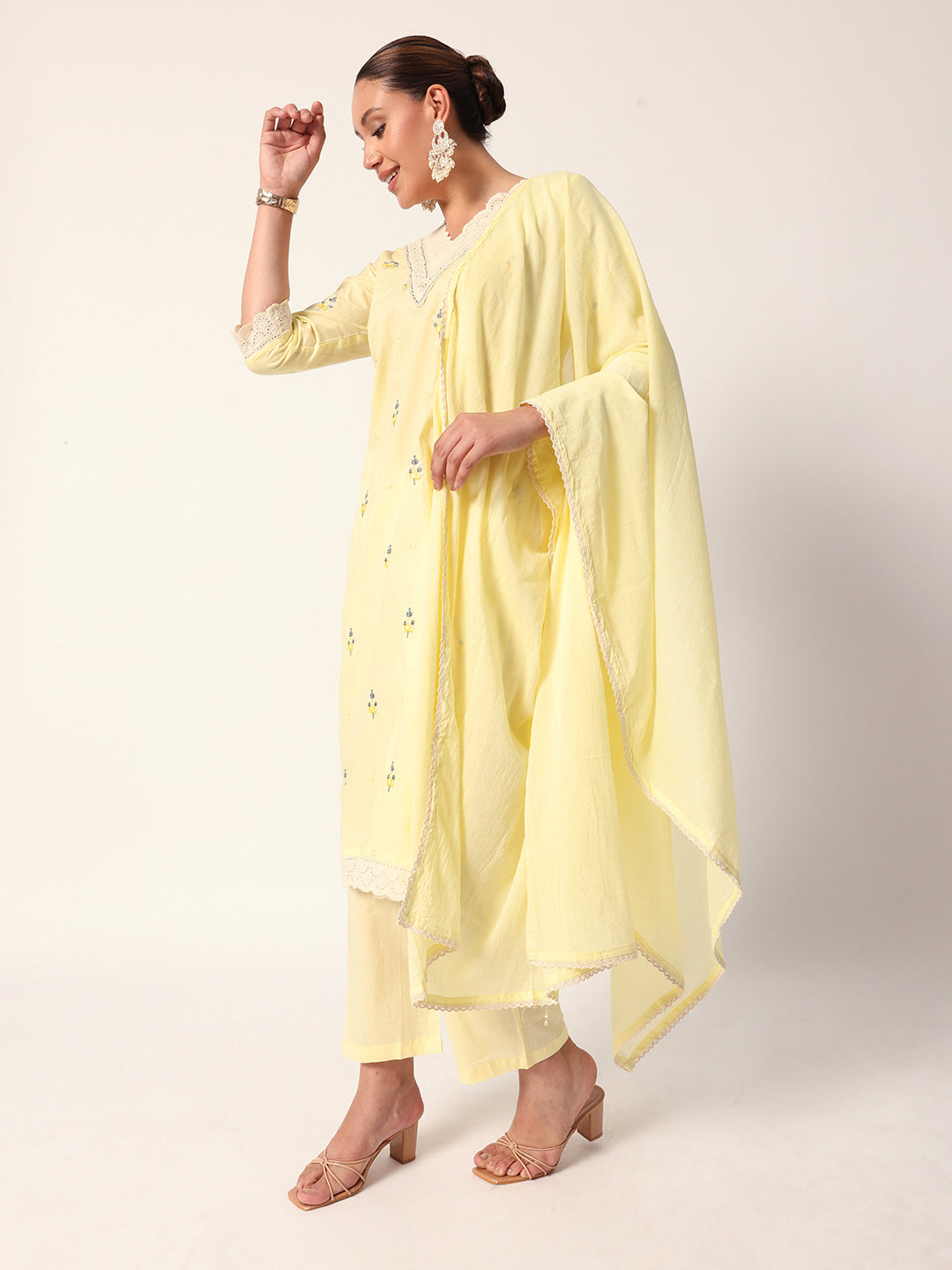 Comfy Yellow cotton embroidered shiffly scalloping straight fit kurta set with dupatta