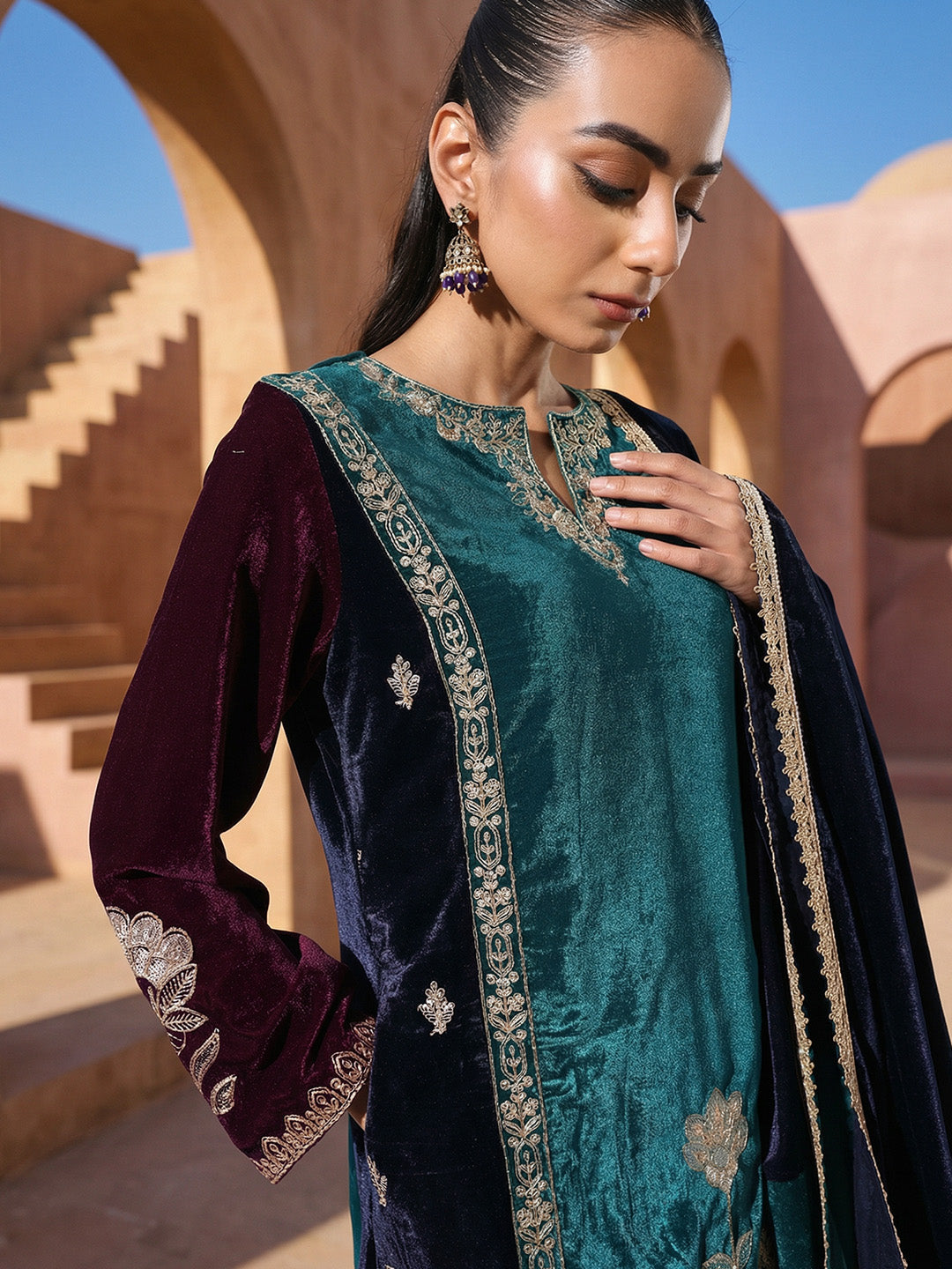Rich Teal Embroidered Straight Fit Kurta Sets In Velvet