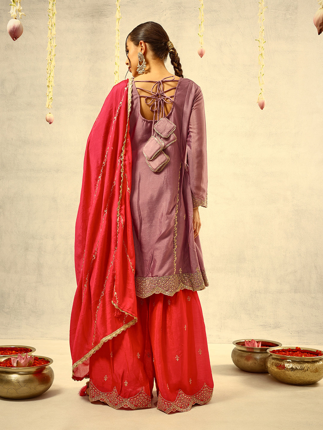 Ishin Purple Cording & Zari Embroidered  Festive Kurta with Sharara & Embellished Dupatta