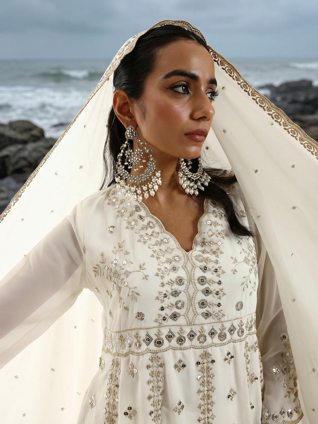 white embroidered anarkali dress Nora fatehi White cotton floral printed long anarkali suit