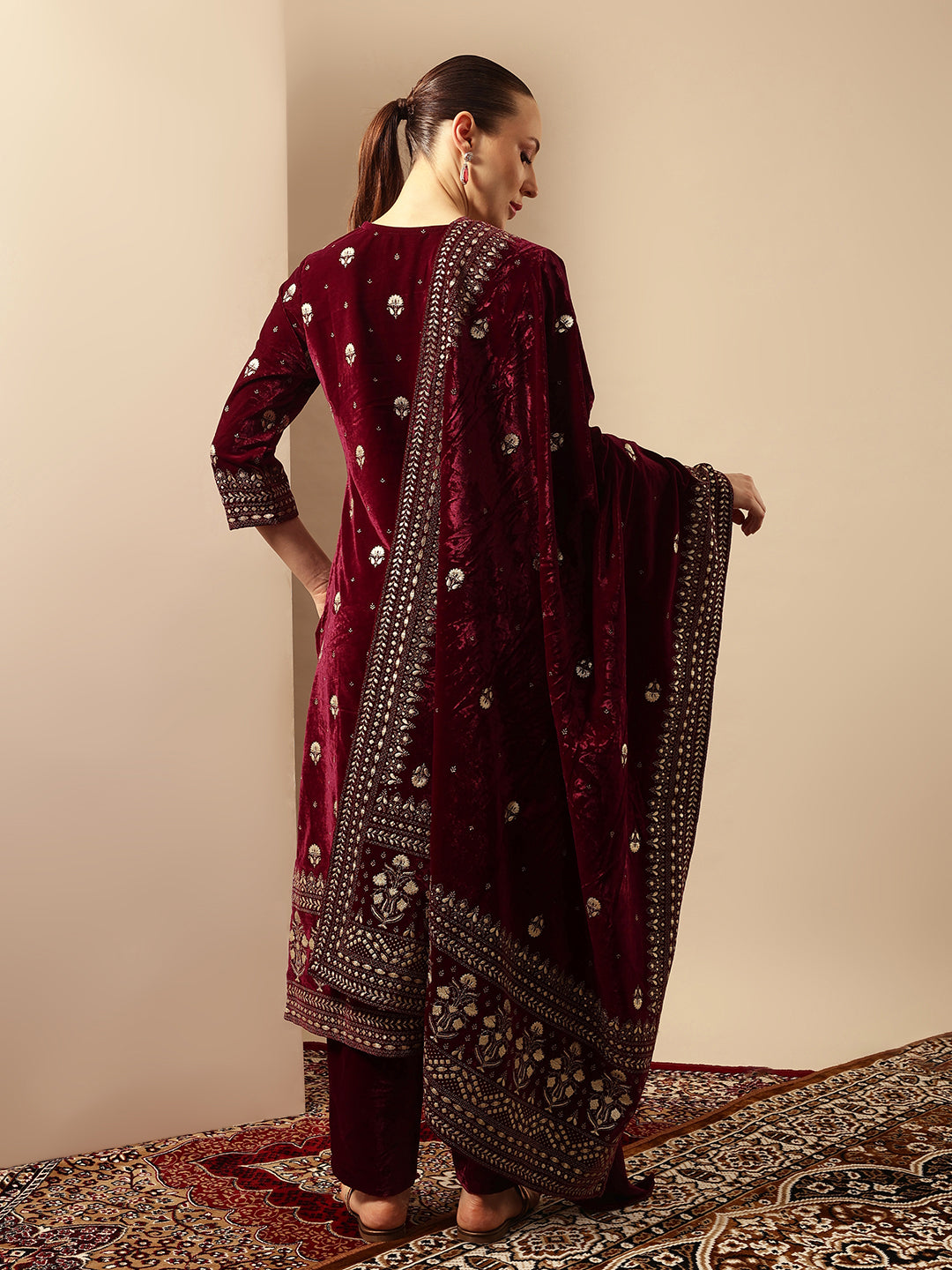 Rich Wine Velvet Gold Print Straight Kurta sets with dupatta