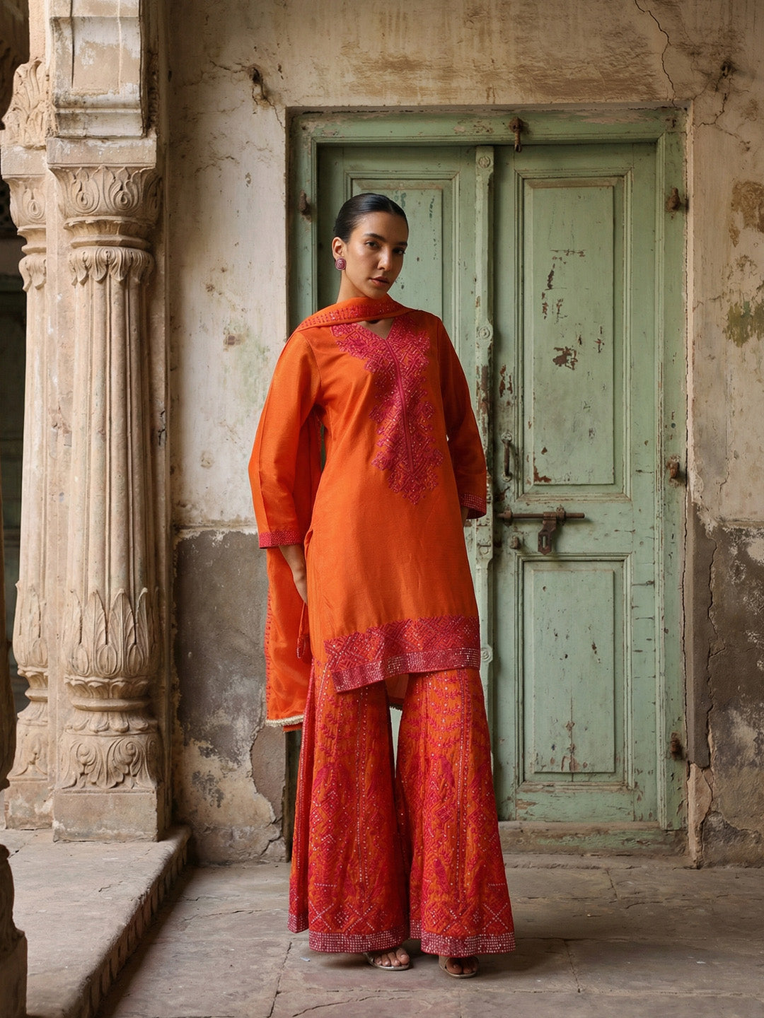 Rich Orange Embroidered  kurta set