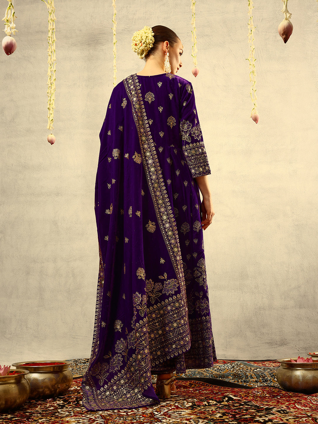 Ishin Purple Gold Printed Anarkali Festive Kurta with Trouser & Velvet Dupatta